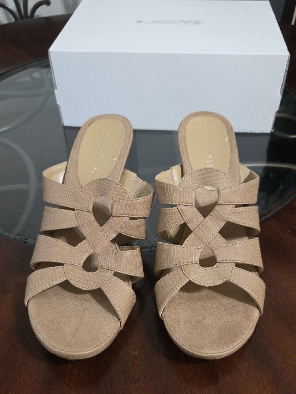 AEROSOLES Tan Strappy Mid-Heel Slide Mules - Picture 3 of 7